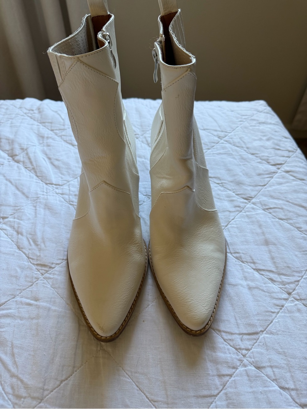 Buckle Cream Pointed-Toe Ankle Boots